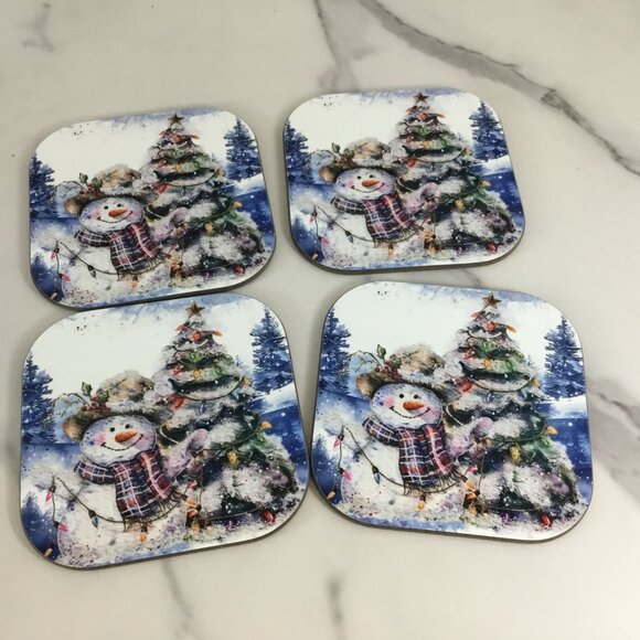 Country Snowman Wood Hardboard Coasters Set of 4 - Picture 1 of 8